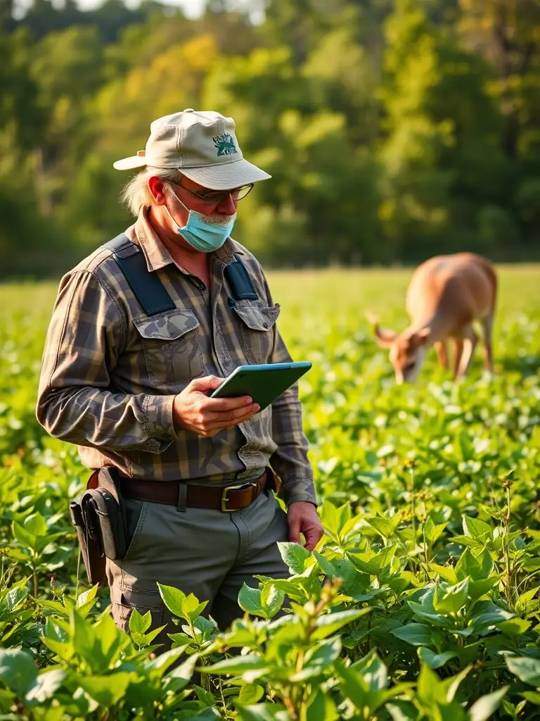 A picture of a wildlife biologist monitoring a deer population using tracking equipment, showcasing the organization's commitment to wildlife monitoring and conservation.