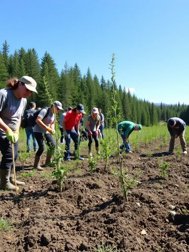 A photograph of volunteers planting trees in a deforested area, illustrating habitat restoration efforts by SOCIETE DE CHASSE DE SURIS.