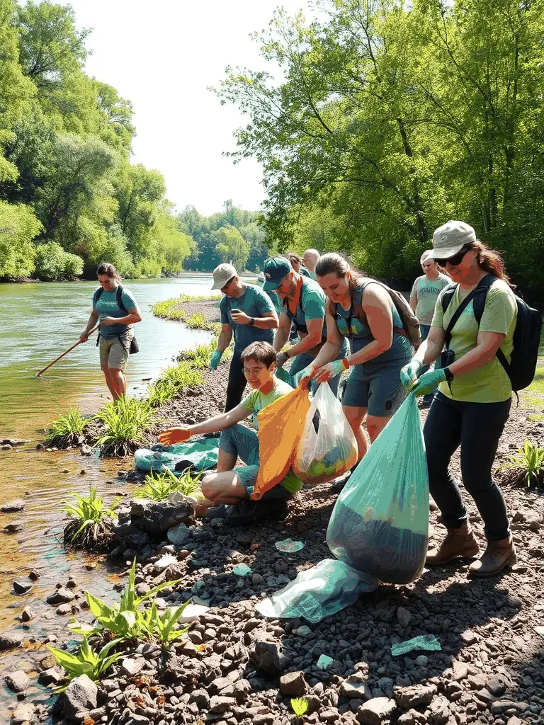 A photograph of a group of volunteers participating in a SOCIETE DE CHASSE DE SURIS-led initiative to clean up a local riverbank, emphasizing community involvement.