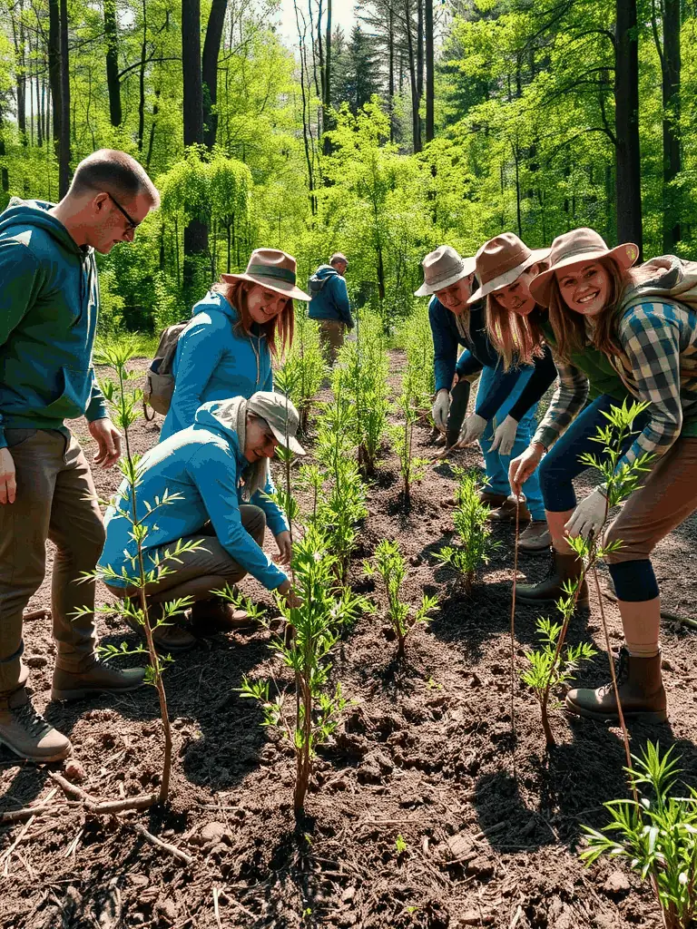A photograph depicting a group of volunteers planting trees in a deforested area, symbolizing habitat restoration efforts by SOCIETE DE CHASSE DE SURIS.