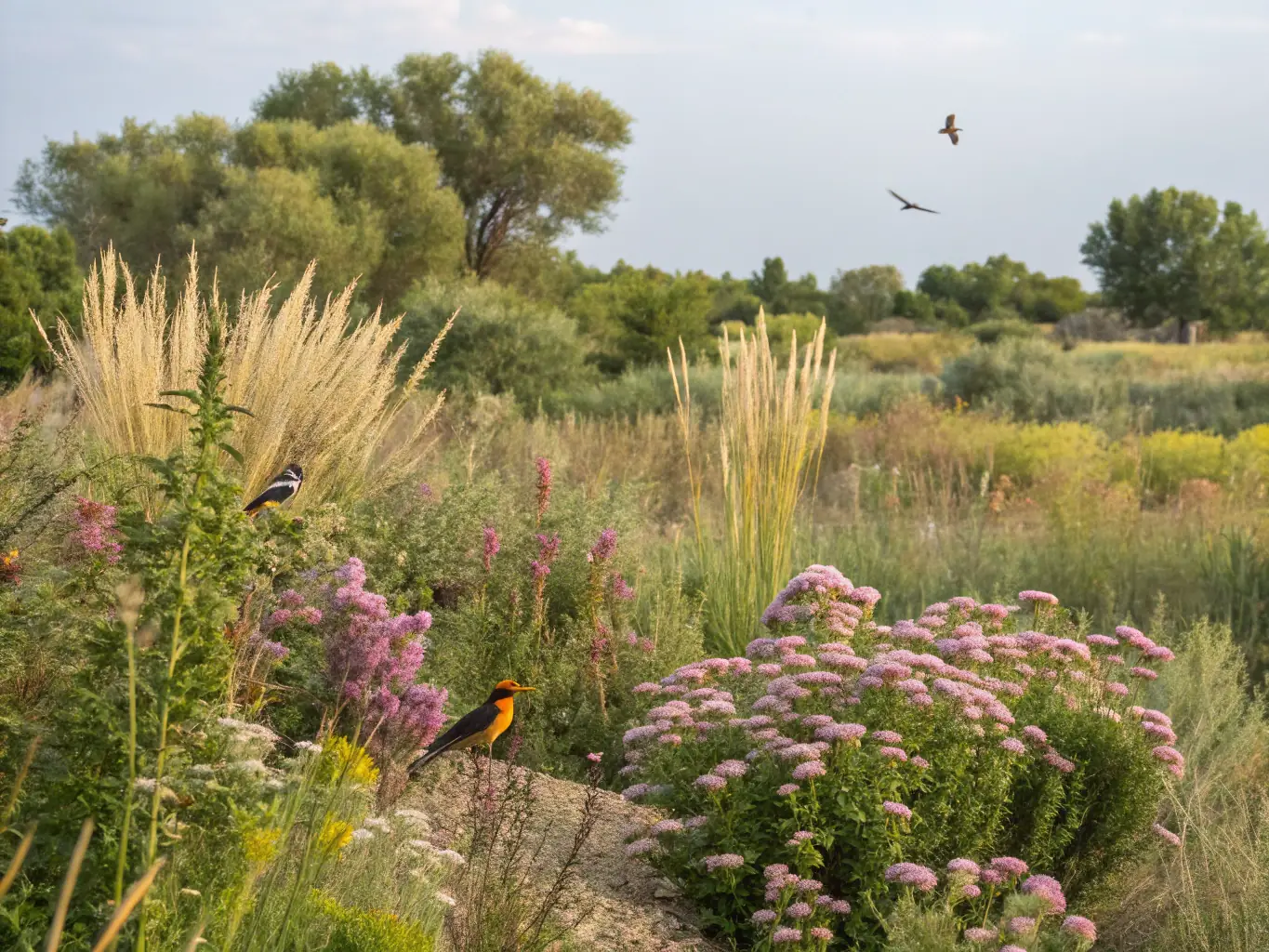 A serene landscape featuring a carefully managed wildlife habitat with diverse flora and fauna, showcasing the positive impact of habitat planning efforts by SOCIETE DE CHASSE DE SURIS.